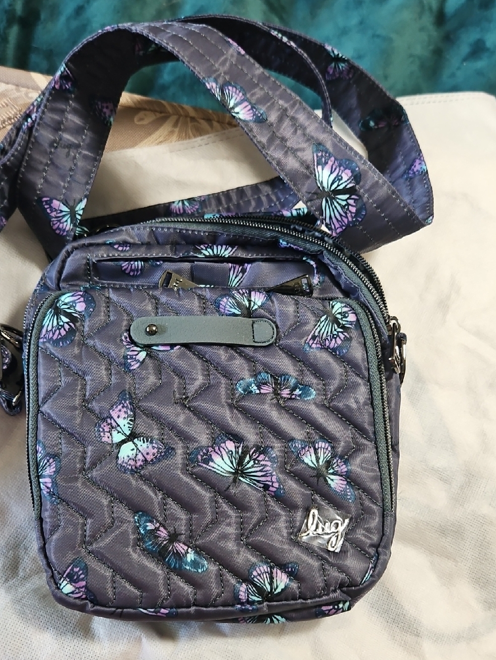 LUG Quilted Crossbody Bag with Purple & Teal Butterfly Print